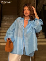 Clacive Fashion Loose Blue Women's Blouse 2025 Sexy Lapel Long Sleeve Shirt Elegant Classic Solid Blusas Tops Female Clothing - Image 2