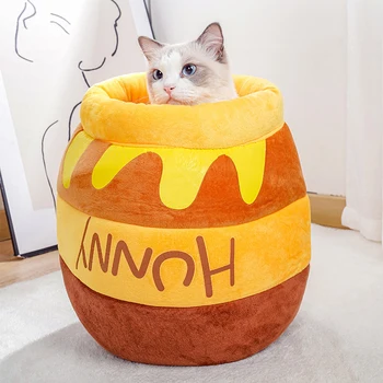 Cute Honey Pot Cat Bed Honey Jar Shape House Plush Cartoon Warm Pet Bed Cat Condo.jpg