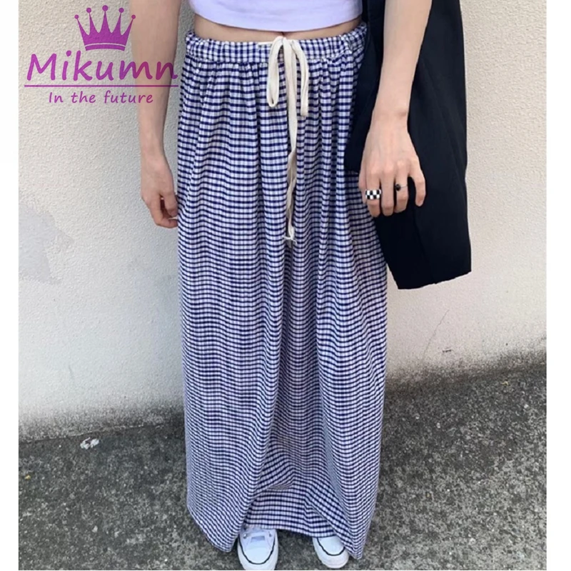 Harajuku Summer Vintage Stripe Plaid Maxi Skirt Women Y2K Elastic Waist ...