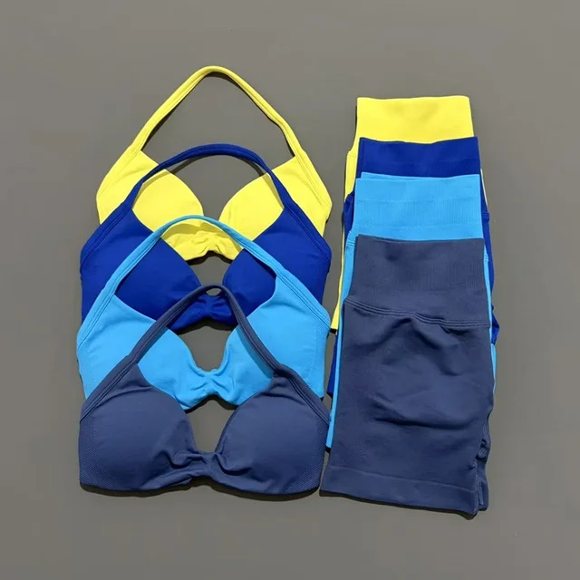 Yoga Gym Set 2 Piece Women Seamless Strappy Yoga Bra Top High Waist Workout Scrunch Shorts Sports Set Fitness Clothes Sportswear