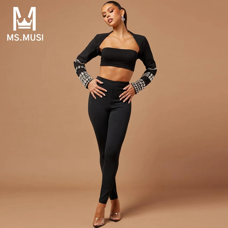 

MSMUSI 2024 New Fashion Women Sexy Bandage Two Piece Set Bodycon Party Diamond Crystal Sequin Long Sleeve Top Long Pant Set Suit
