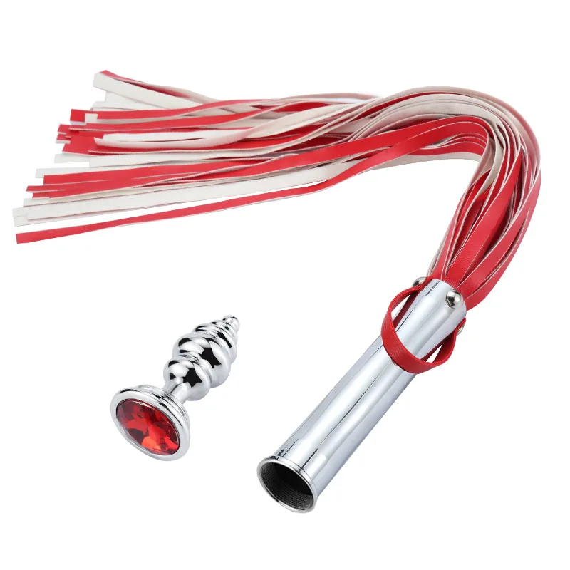 Fouet à franges en similicuir avec plug anal en métal pour couples_voghion.com