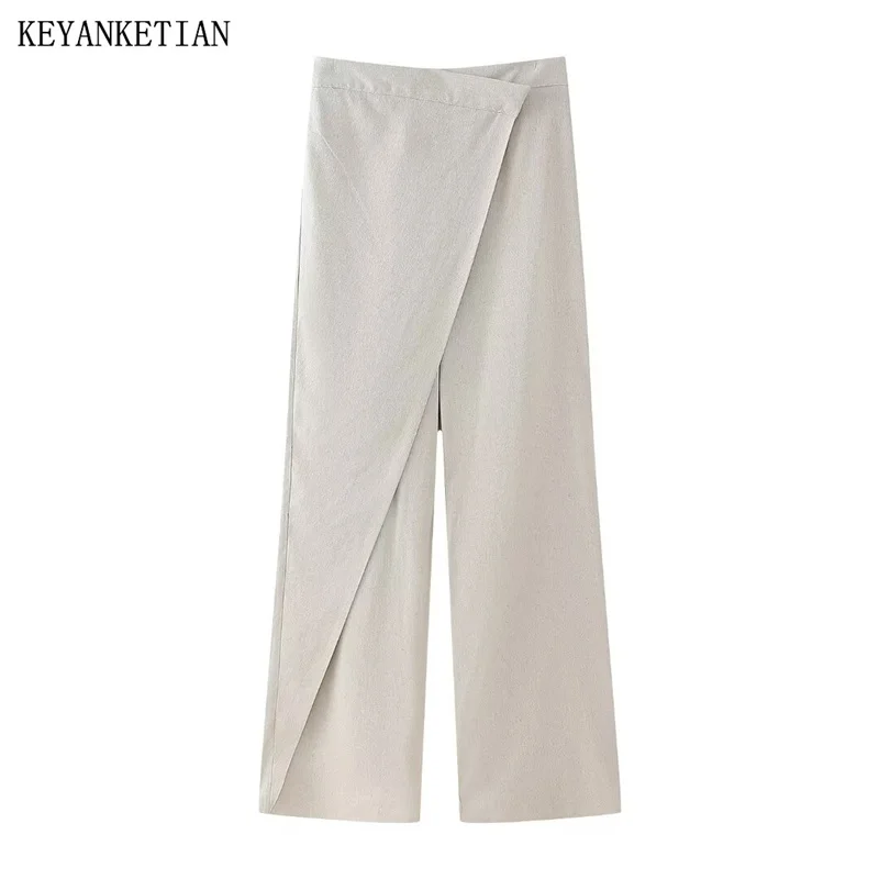 

KEYANKETIAN 2024 New Launch Women's Linen Sarong Trousers Simple style Zipper High-waisted Asymmetrical Slacks Straight Pants