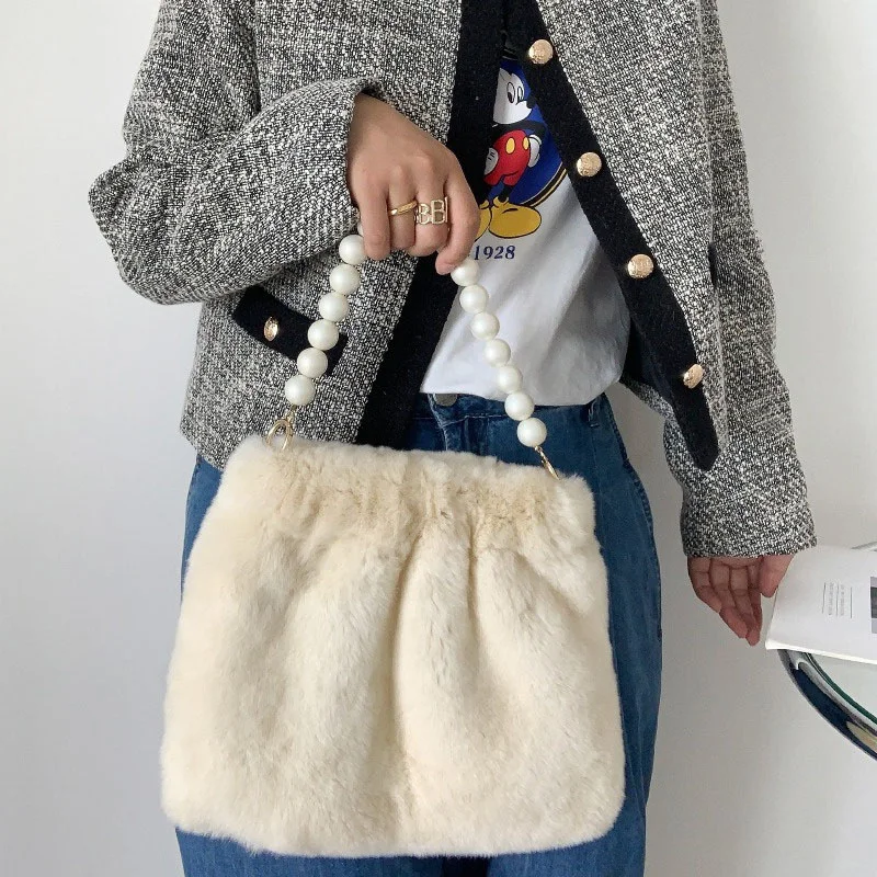 

Women's Handbag Exquisite Pearl Chain Bag Fluffy Plush Large Capacity Shoulder Bag Solid Color Korean Edition Zero Wallet