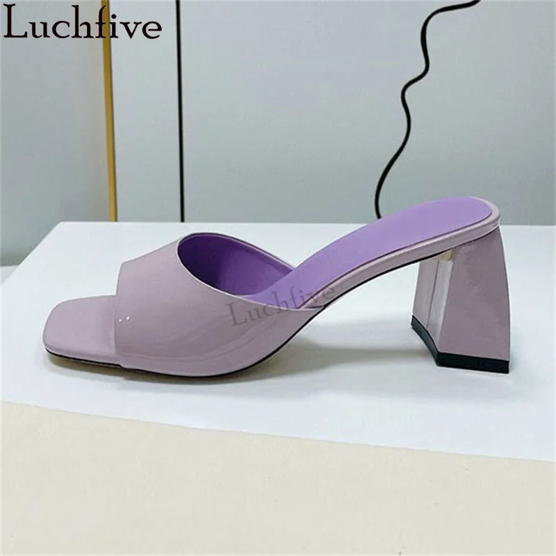 

Square Open toe Chunky heel Slippers Women Patent Leather Fashion Brand Mules Slippers Summer Sexy Luxury Party Shoes mujer