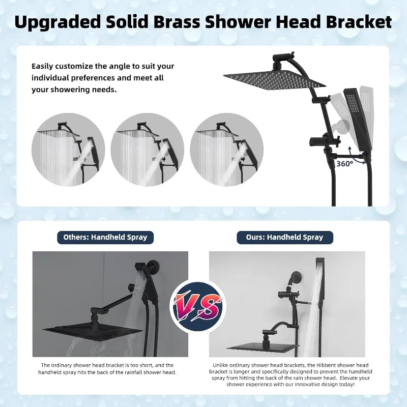 All metal 10 inch rain shower head, square shower head combination, high pressure handheld shower wand, 16 inch adjustable 2