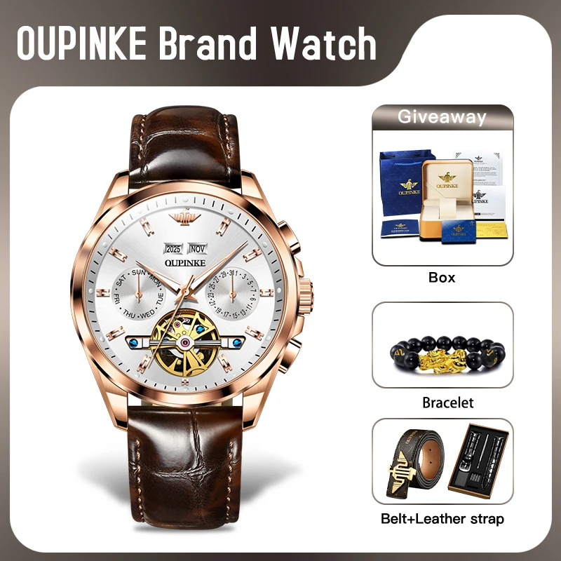OUPINKE 3291 Men Watch Luxury Mechanical Watch Luminous Sapphire Mirror Leather Strap Multifunctional Chronograph With Box