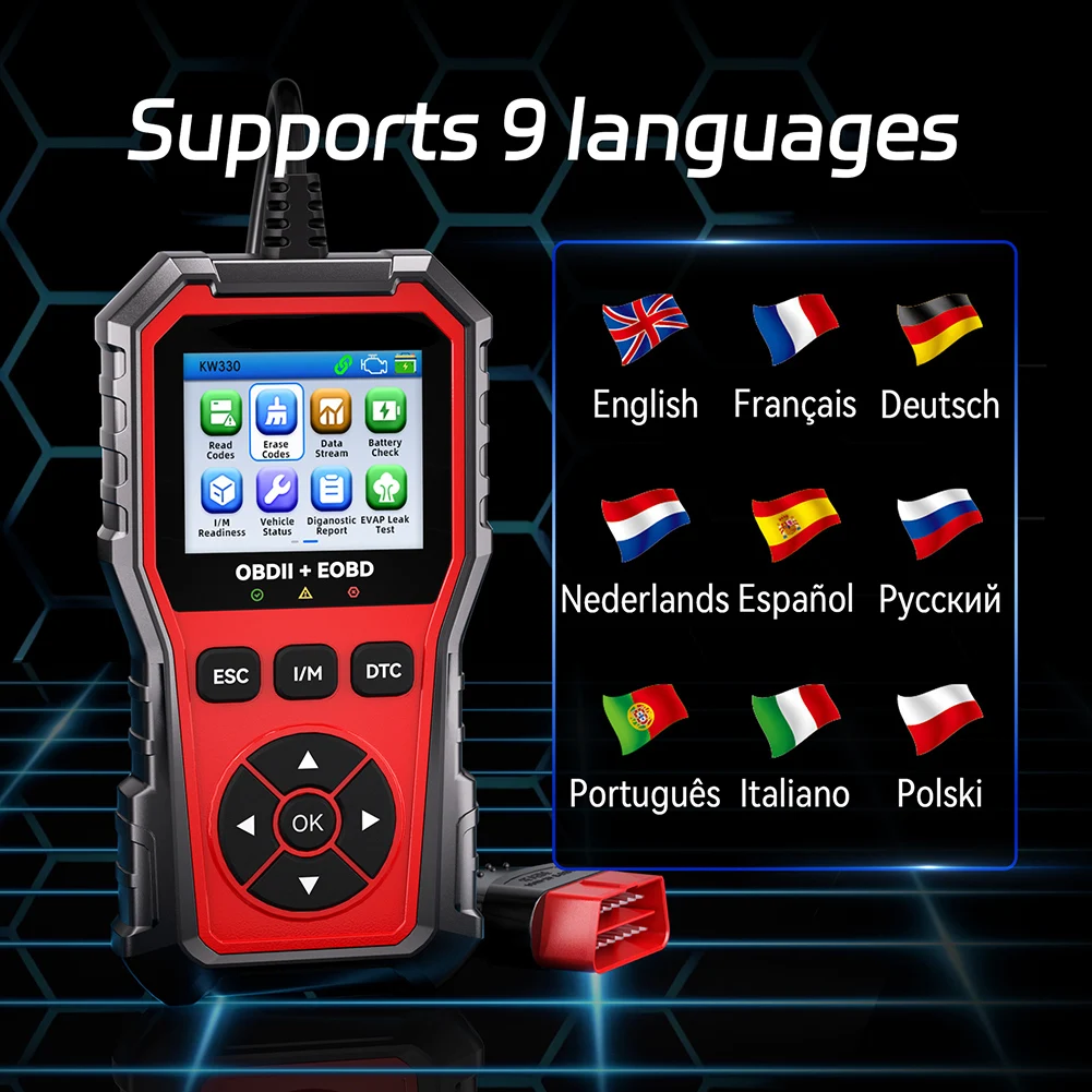 KW330 OBD2 스캐너 도구(자동차용) DTC 판독, 코드 삭제, 배터리 테스..