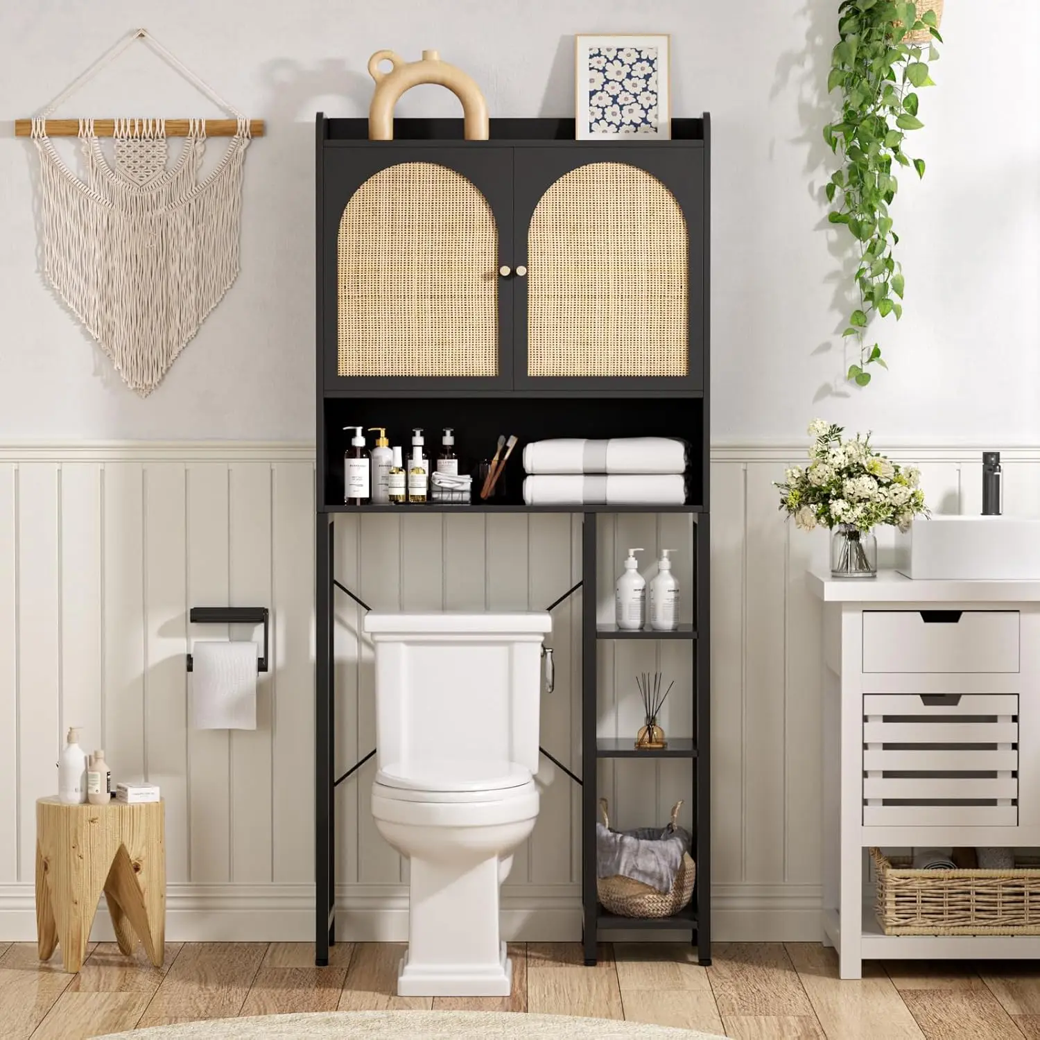 Vabches Over-the-Toilet Storage Cabinet with Rattan Doors & Metal Stand, 67" 1