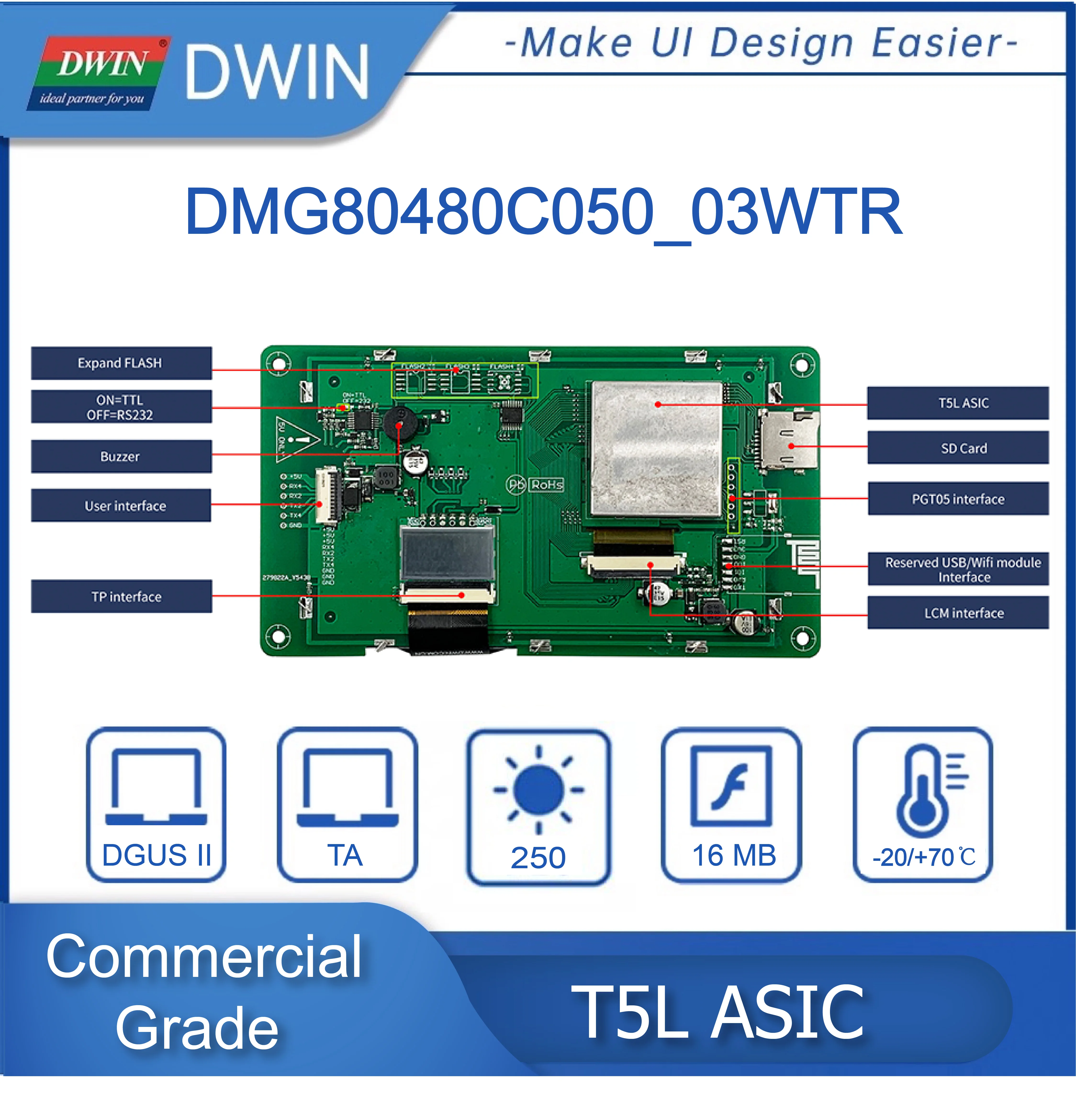 DWIN 5 Cal 800*480 inteligentny moduł wyświetlacza LCD HMI DMG80480C050_03 rezystancyjny/pojemnościowy