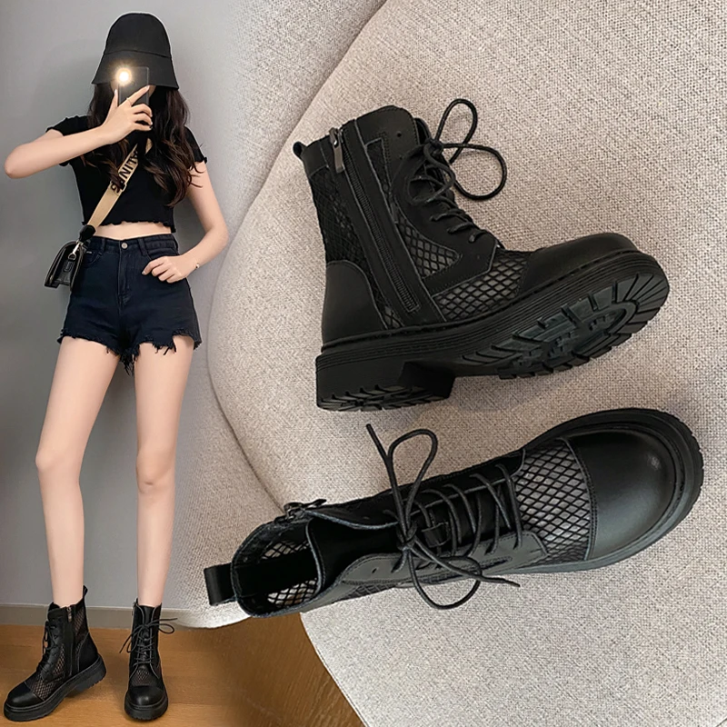 

Women Summer Boots 2023 Spring New Genuine Leather Mesh Women Ankle Boots British Large Size Cool Boots Women