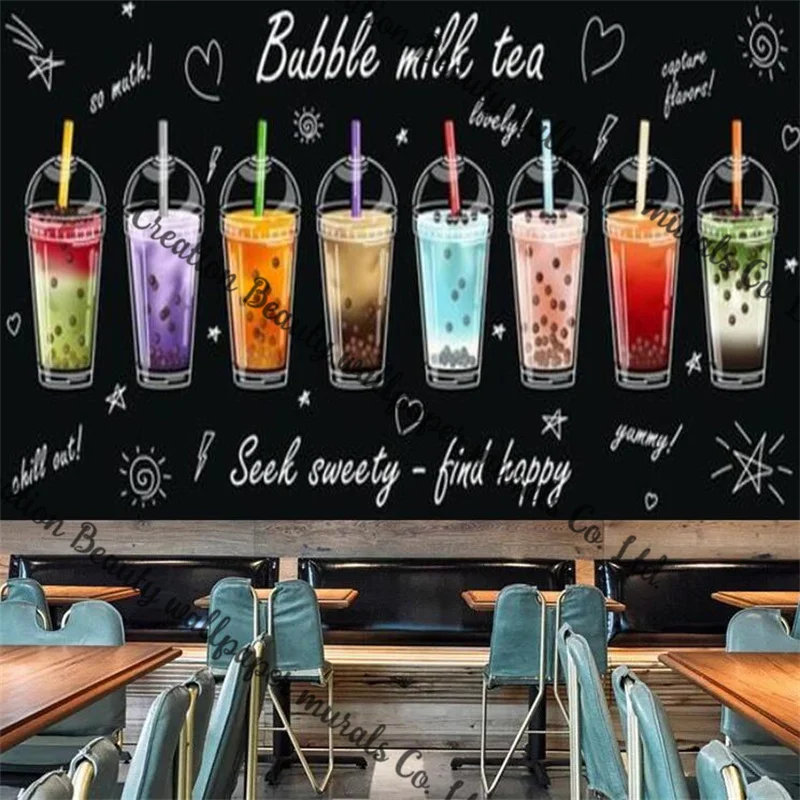 Simple Black Background Wallpaper Milk Tea Shop Custom Mural Bubble Tea Shop Milk Cap Cold Drink Bar Industrial Decor Wall Paper 25oz black leopard stainless steel tumblers with lid handle tumbler for water drink cups mug for camping ourdoors