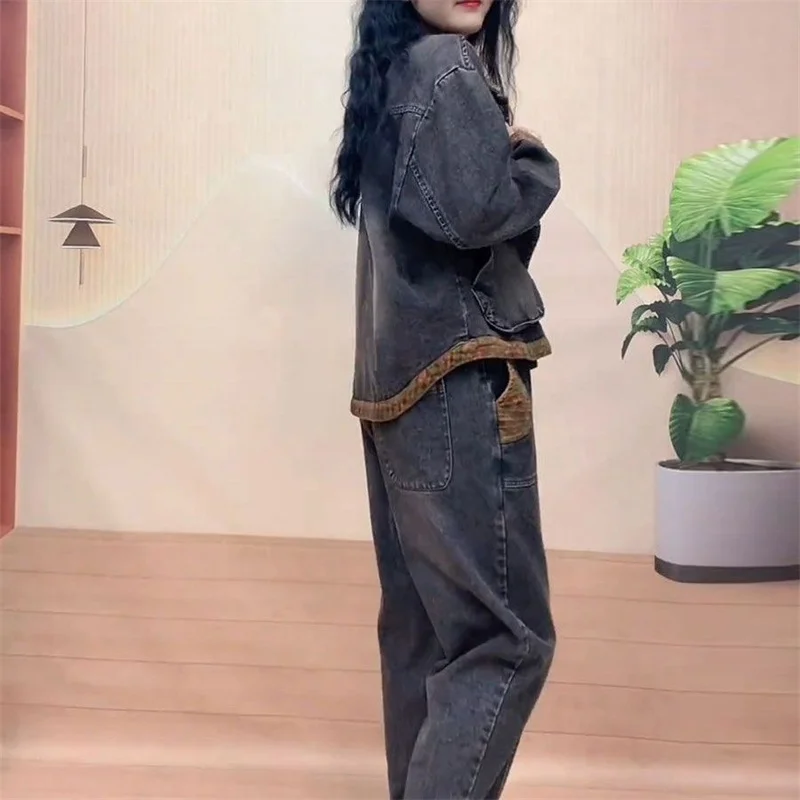 Retro Women Jeans Suits 2025 New Autumn Women's Hooded Stitching Denim Jacket Fashion Suit Female Two-Piece Sets Cotton Vintage