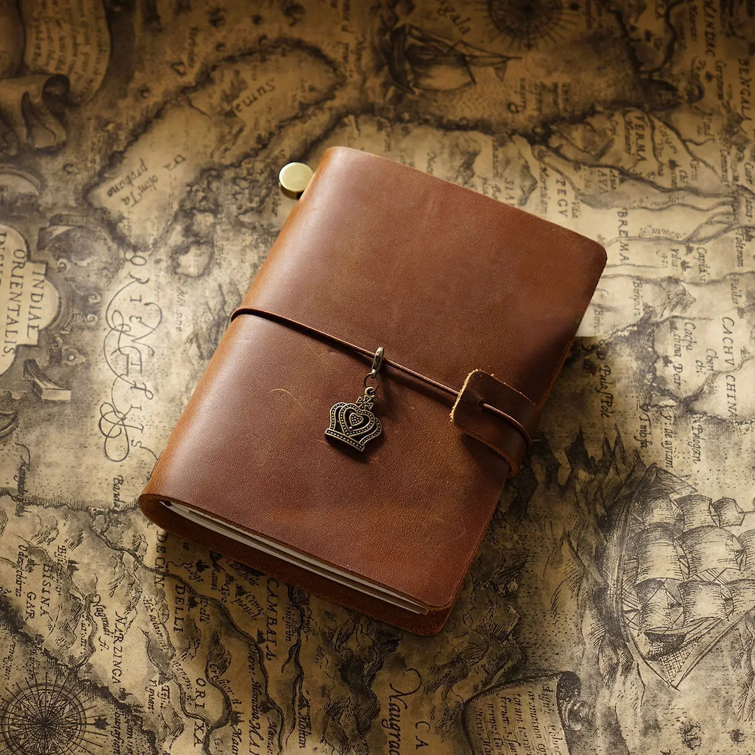 Vintage Refillable Crazy Horse Leather Travel Journal with Antique Metal Charms and Elastic Closure