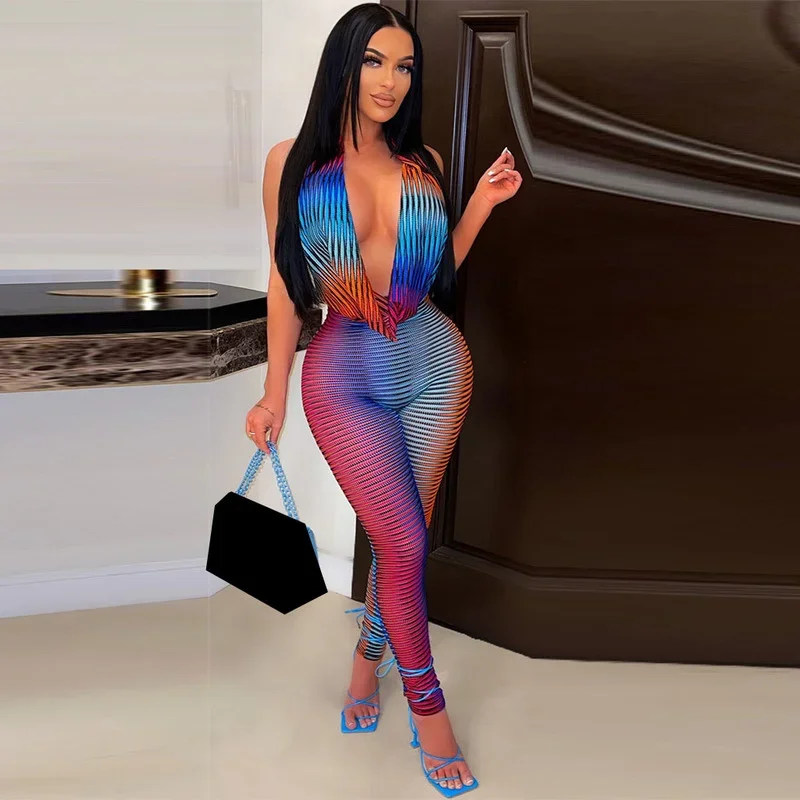 

WUHE Cowl Neck Backless Ombre Jumpsuits Women Long Pants Striped Rompers Workout Overalls Festival Outfits