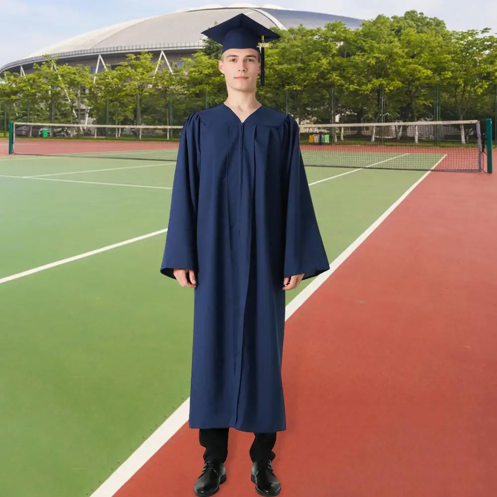 Graduation Gown Set Bachelor Graduation Uniform With Hat V Neck Knee Length Long Sleeve Academic Dress Hidden Button Student Graduation Robe
