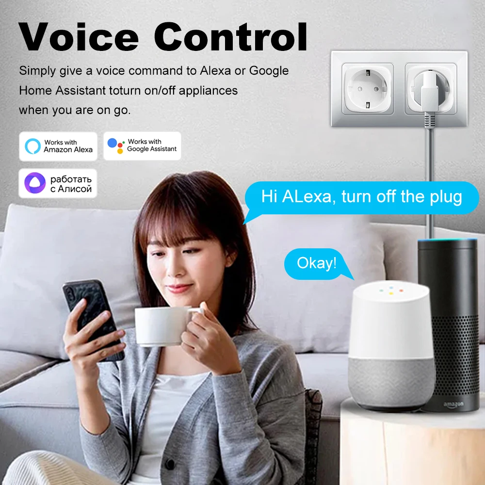 Tuya WiFi Smart Socket Plug 20A EU  with EU Electricity Statistics Timing Switch Remote Control Voice Power Outlet Alexa Google