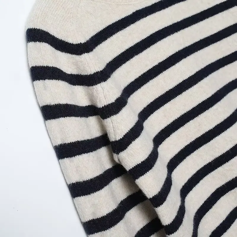 Women's O-Neck Pullover Knitted Striped Sweater Female Long Sleeve Autumn Winter Extremely Simple Casual Versatile Pullover Top