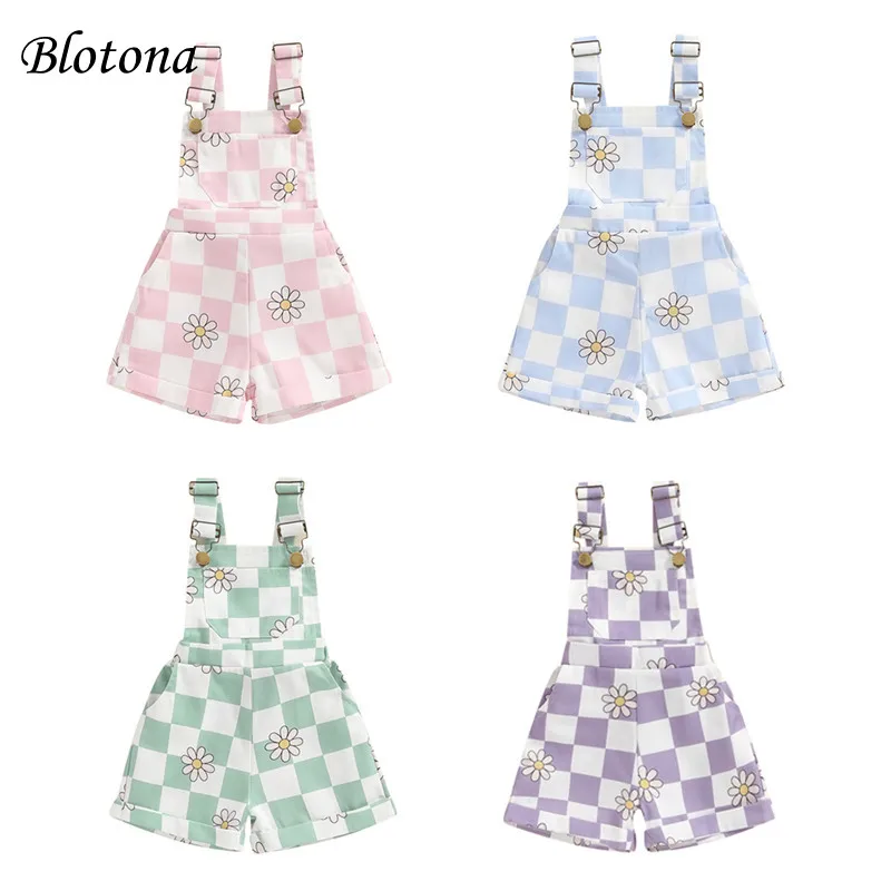 

Blotona Baby Girl Summer Overalls Shorts Checkerboard Floral Print Sleeveless Romper Jumpsuit for Toddler Cute Clothes 6M-6Y