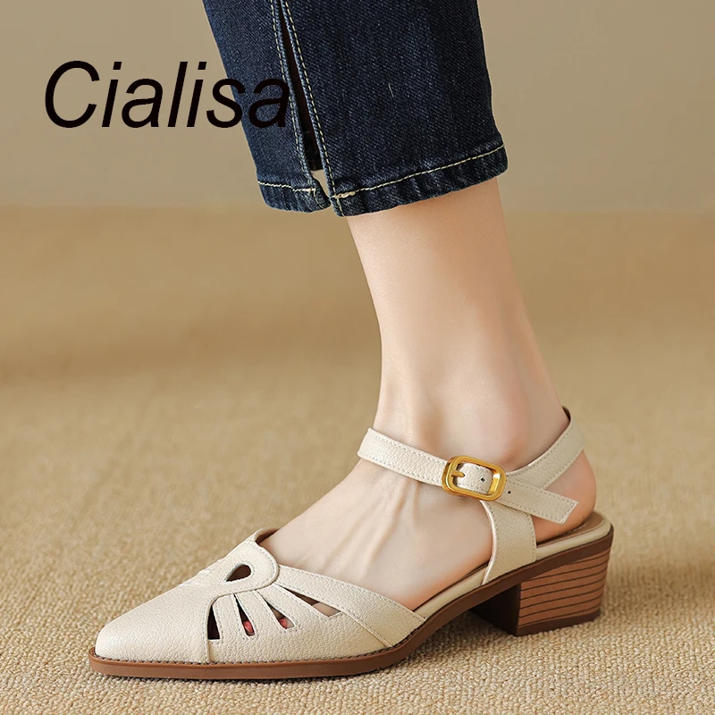 

Cialisa 2023 New Sandals Summer Women's Shoes Genuine Leather Dress Handmade Daily Mid Heels Apricot Sandal Ladies Sizes 33-40