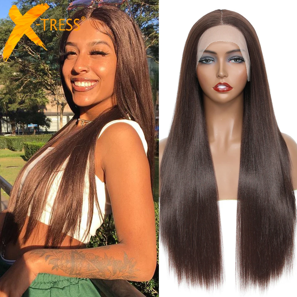 Synthetic Lace Front Wig For Black Women Light Brown Color Long Yaki Straight Hair Wig Middle Part Heat Resistant Fiber X-TRESS