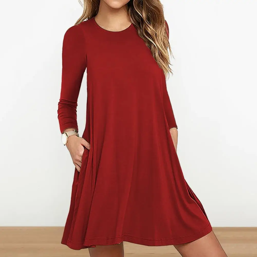 

2023 New Women's Autumn Dress Round Neck A-line Large Hem Long-sleeved Solid Color Pullover Casual Dress