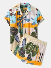 

2021 New Men's Print Suit Lapel Button Short-sleeved Shirt + Beach Pants Men's High-quality Hawaiian Sports Two-piece Suit S-3XL