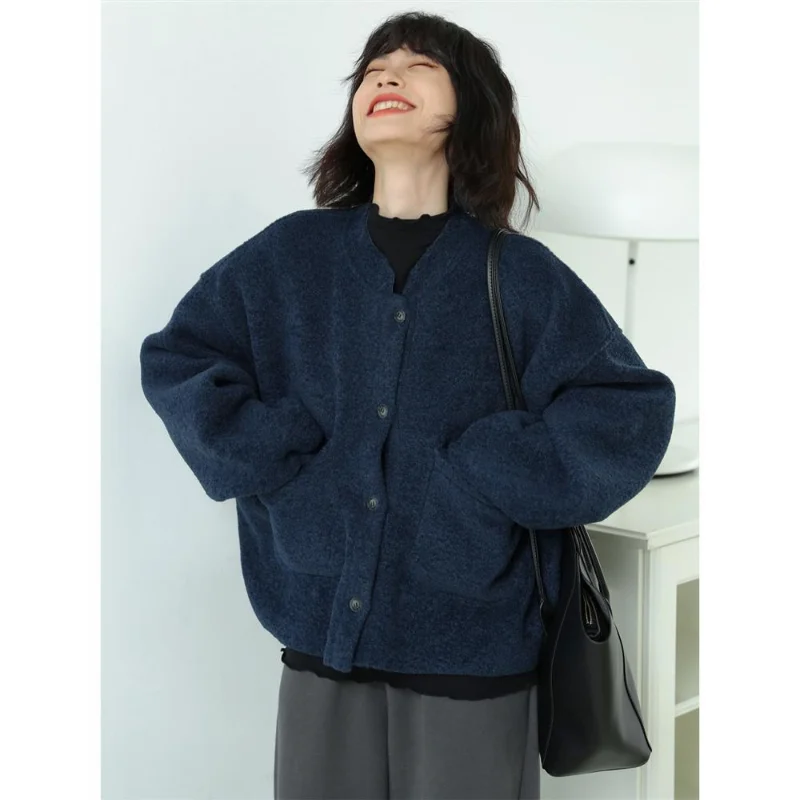 Autumn Winter New Loose Korean Short Coats Long Sleeve Button Solid All-match Pocket Cardigan Top Trend Casual Women Clothing
