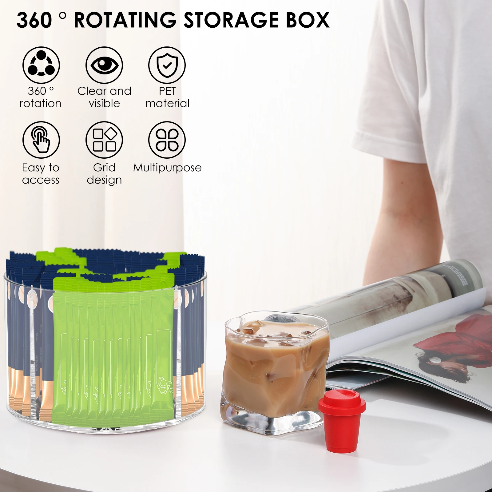 Rotating Tray Spice Rack Drinks Packet Organizer Clear Flavor Packet Holder Kitchen Organizer Seasoning Cosmetic Storage Box