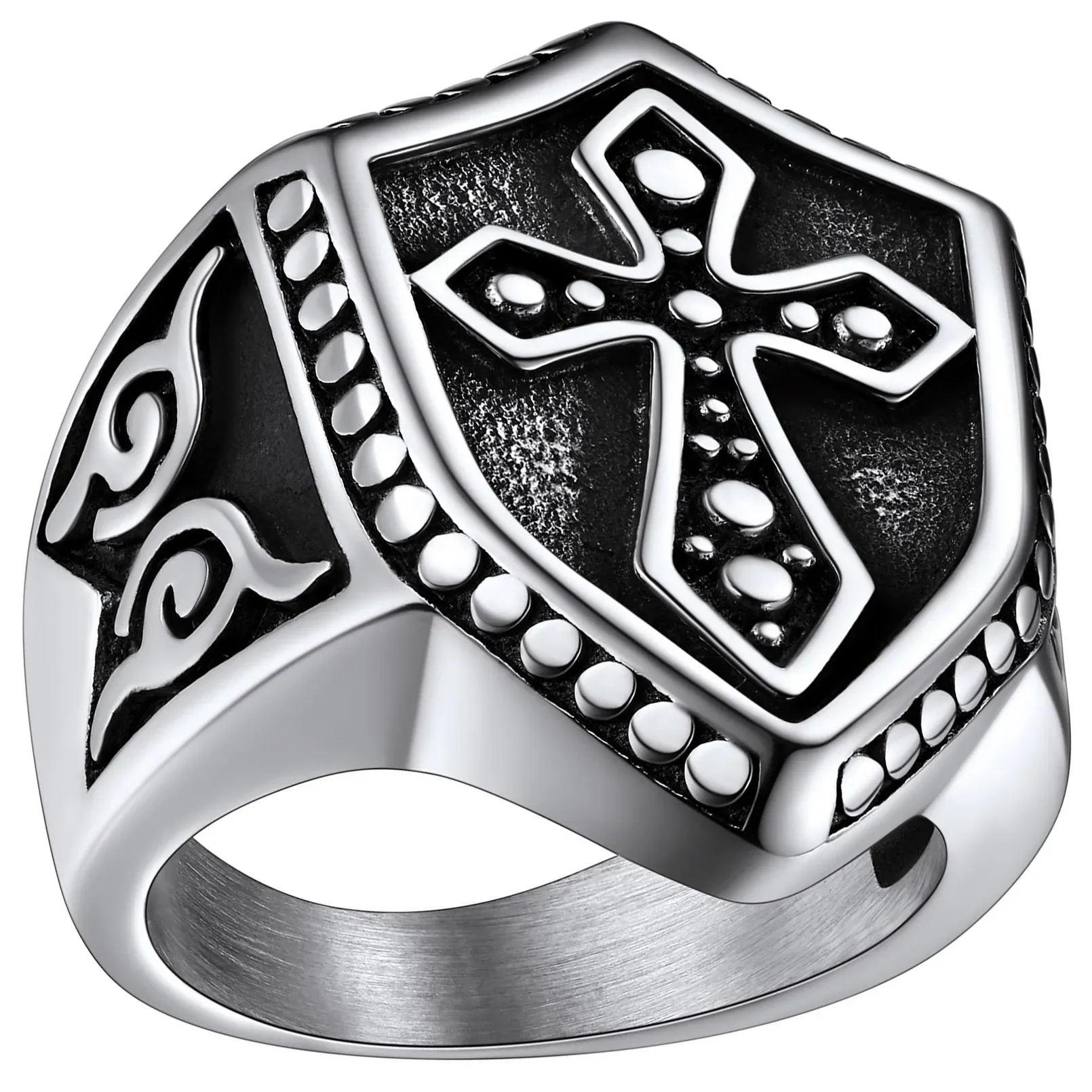 

ChainsPro Mens Stainless Steel Crusader Jerusalem Cross Ring with 18K Gold Plated Two Tone Ring Size 7-14 CP979