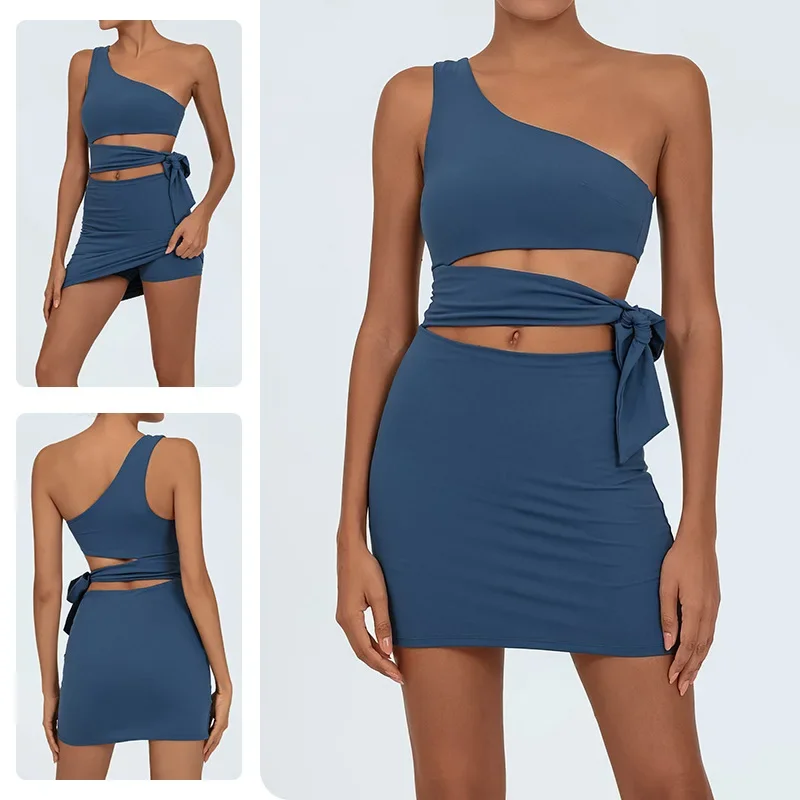 Seamless Yoga Jumpsuit Set Sports Fitness Dress Chest Pad Naked Feel Anti-light Badminton Tennis Skirt Gym Yoga Bodysuit Women