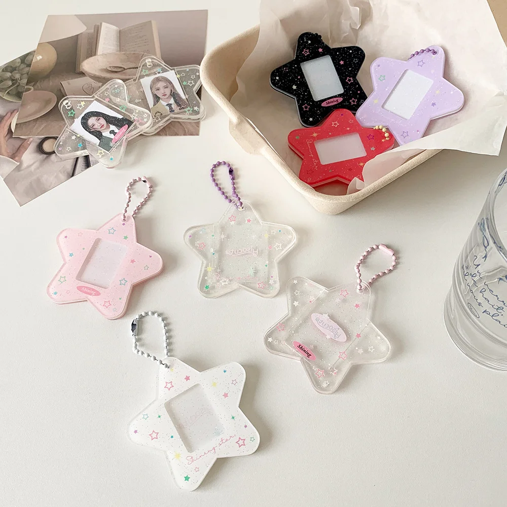 Mini 1-Inch Glitter Star Card Holder with Keychain INS Acrylic Photocard Holder ID Card Cover Case Student Kpop Idol Photo Bag