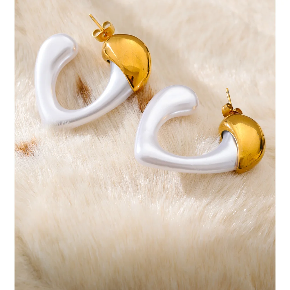 Yhpup Vintage Imitation Pearl Heart Hollow Earrings Stainless Steel