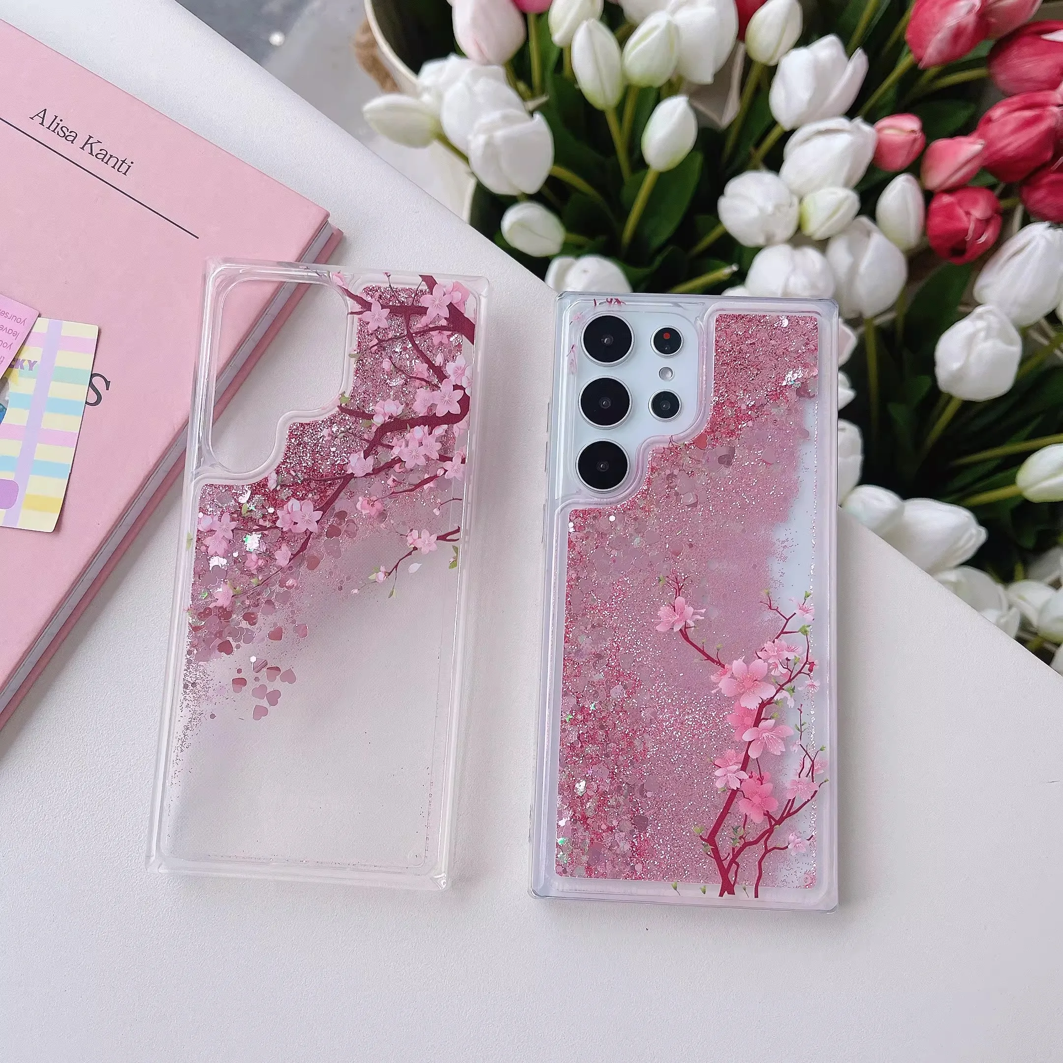 Pink Peach Blossom Quicksand Case with Love Heart Sparkles and Floral Accents