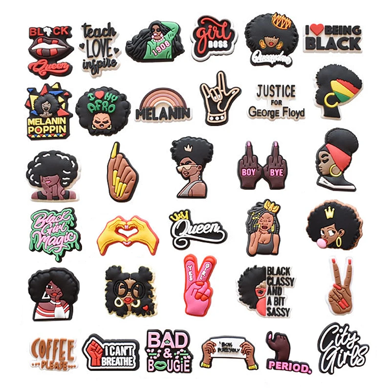 1pcsBlackGirlMagicCrocCharmsBoyByeBLMShoeDecorationsWomen