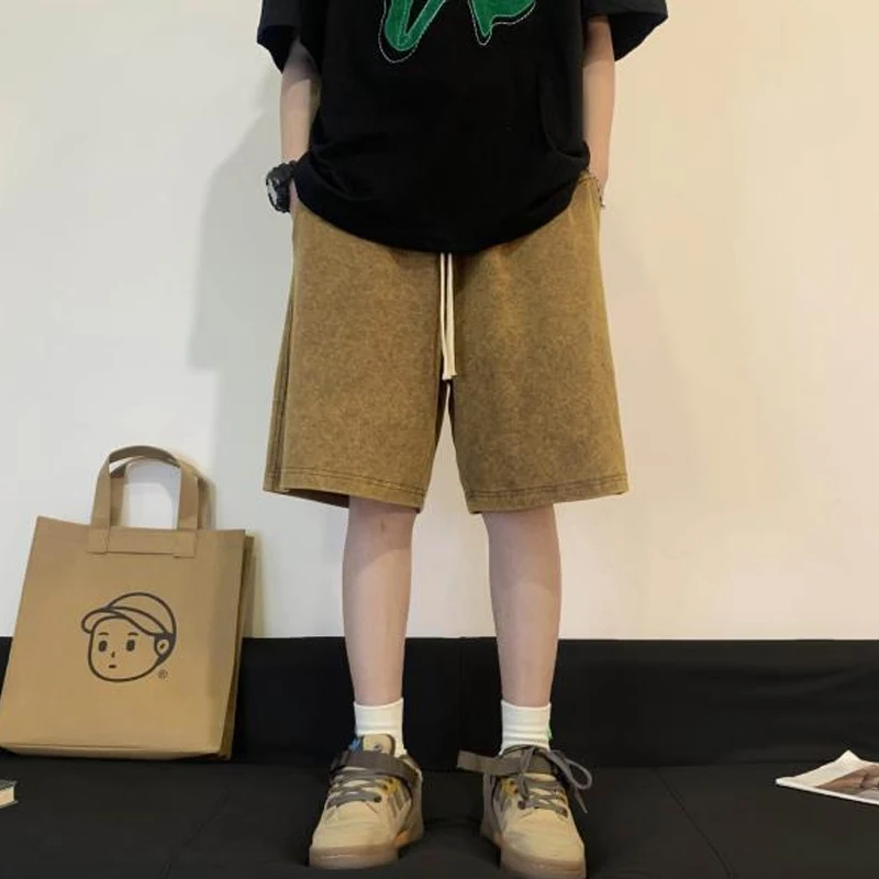 2023 Summer New American Style Solid Color Elastic Waist Drawstring Shorts Man High Street Loose Fashion Motion Out Streetwear