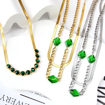 LUXUKISSKIDS Vintage Green Collier For Woman Cubic Zirconia Chains Necklaces Chunky Double Choker Flat Snake Chain Party Jewelry