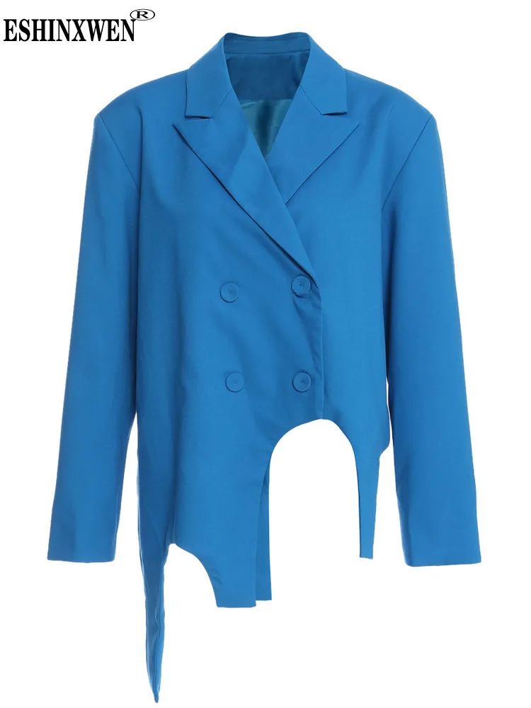 

Eshin Blue Notched Neck Long Sleeve Double Breasted Irregular Coats For Women 2023 Autumn Female Fashion New Tops TH3207