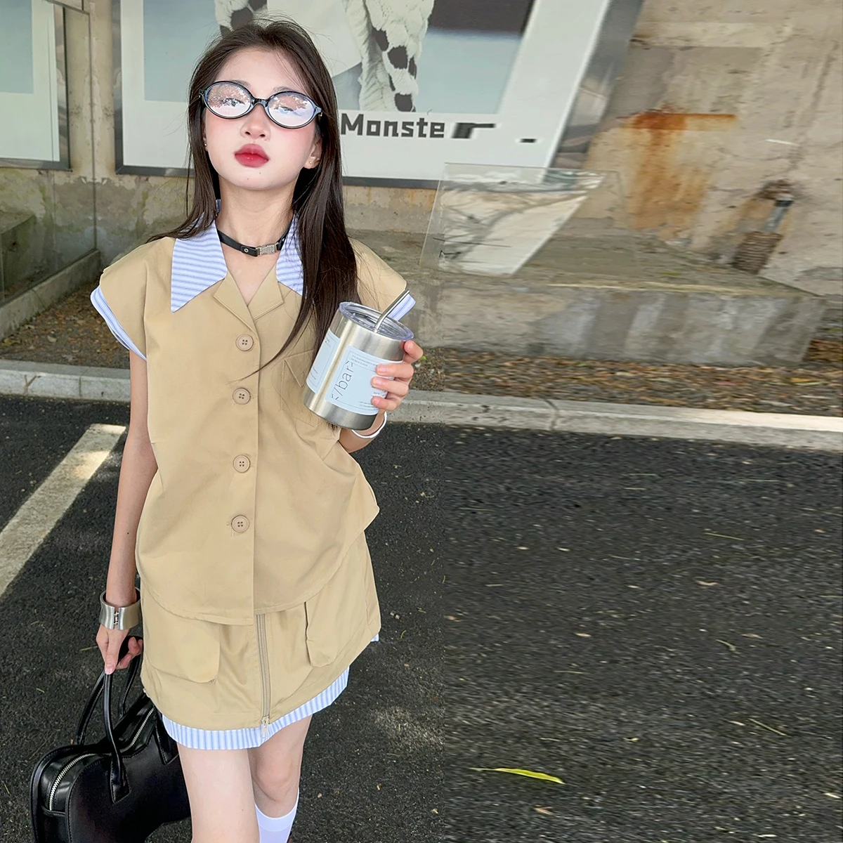 청소년 소녀 스커트 세트, 스트라이프 스플라이싱 라펠 세트 조끼 셔츠, 하이 웨이스트 스커트, 10, 12, 14, 십대 어린이 세트, 어린이 의상, 2 개