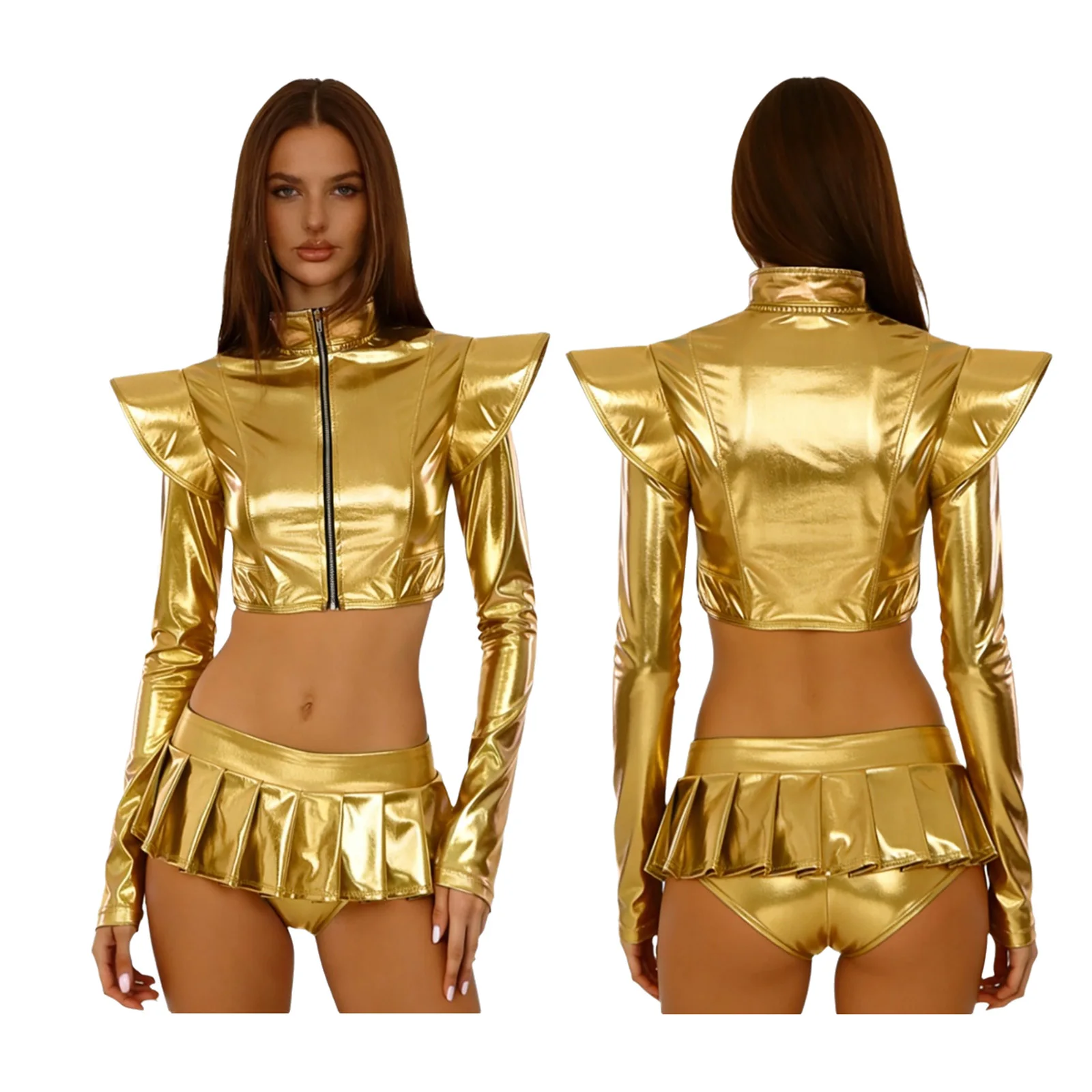Women Iridescent Metallic Pole Dance Outfit Long Sleeve Cropped Jacket and Pleated Mini Skirts Culottes Set for Raves Party Club