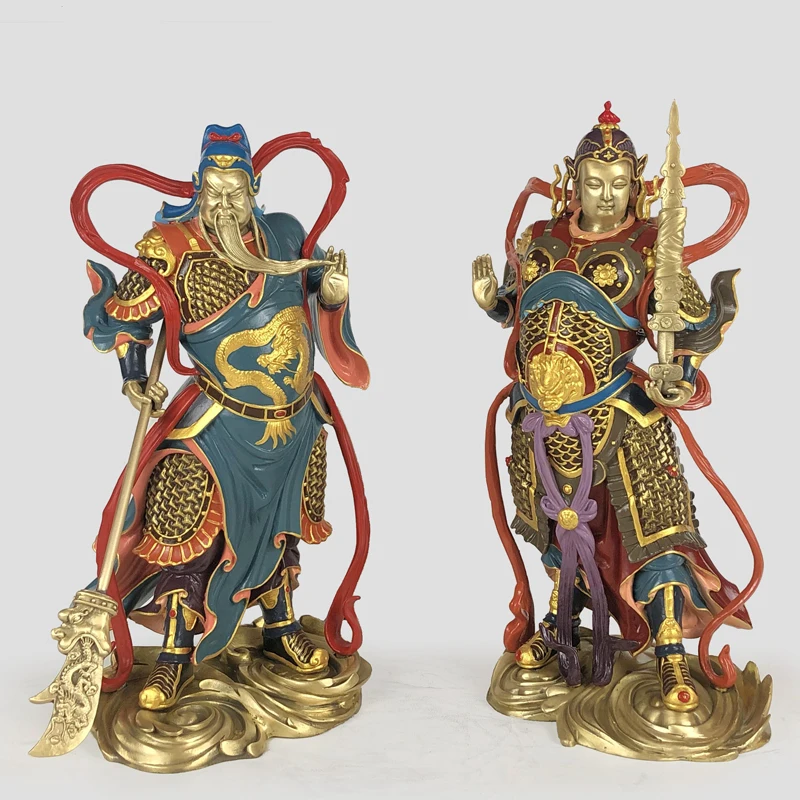 

A PAIR High grade Home company GUAN GONG WEI TUO gods Exorcism bring Success GOOD luck wealth money color bronze statue 2P
