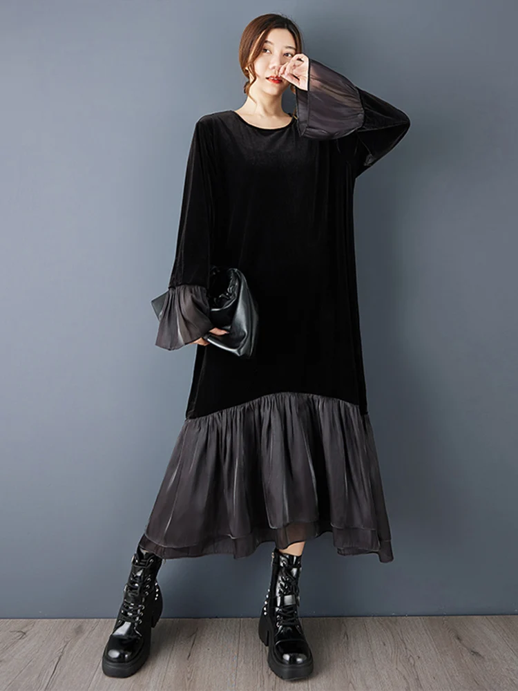 Mesh Patchwork Pleated Dresses For Women New Loose Casual Long Sleeve Vintage Dress Fashion Elegant Clothing Spring Autumn 2025