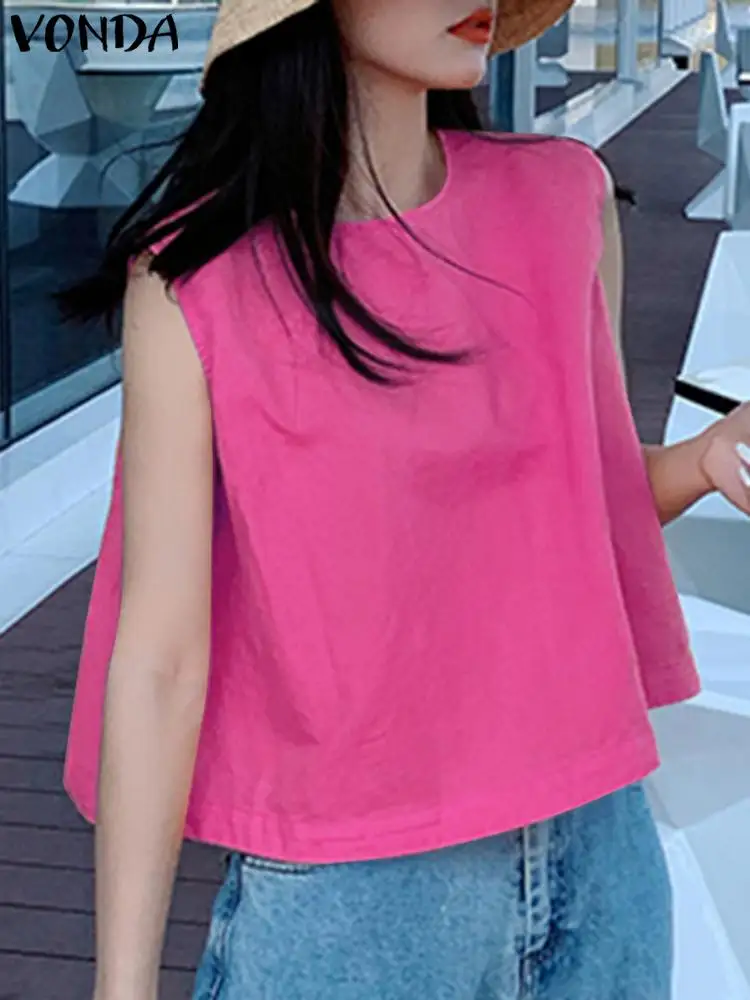 

VONDA женские летние сексуальные топы без рукавов блузки 2024 модные однотонные повседневные свободные рубашки с круглым вырезом элегантные женские блузы