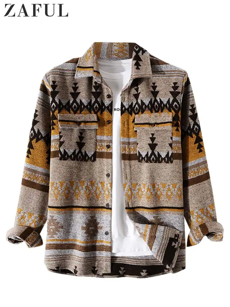 ZAFUL Men's Shirts Tribal Geometric Pattern Blend Wool Long Sleeve Warm Shirt Coat Vintage Clothes Shacket Autumn Winter Blouse