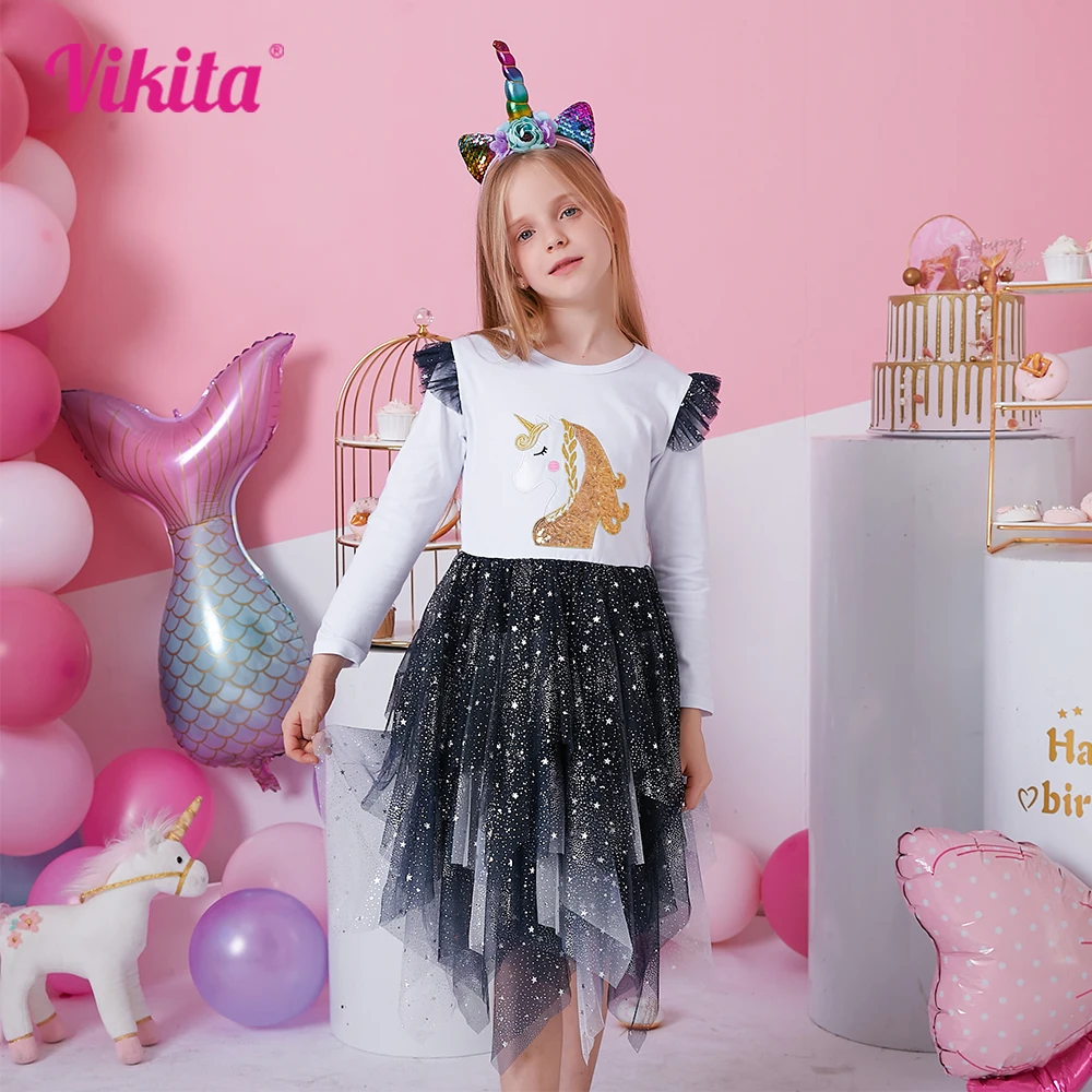 

VIKITA Girls Irregular Dress Kids Unicorn Print Costumes Spring Autumn Party Dresses Kids Girl Layered Dress Children Clothing