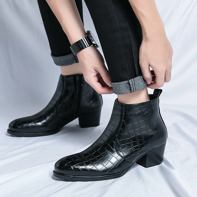 Leather High Heeled Boots Men Fashion Mens Chelsea Formal Shoes Business Casual Ankle Boot Men Dress High Heel Shoe