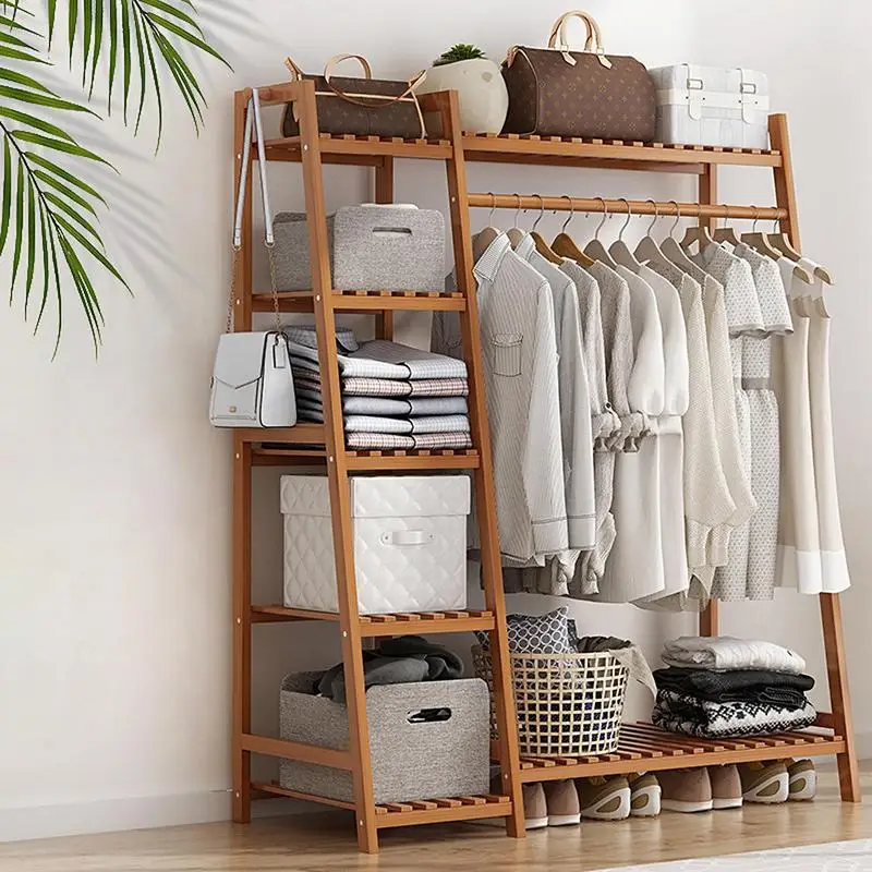 Wooden Garment Coat Clothes Hanging Heavy Duty Rack with top shelf and 2-tier Shoe Clothing Storage Organizer Shelves 4