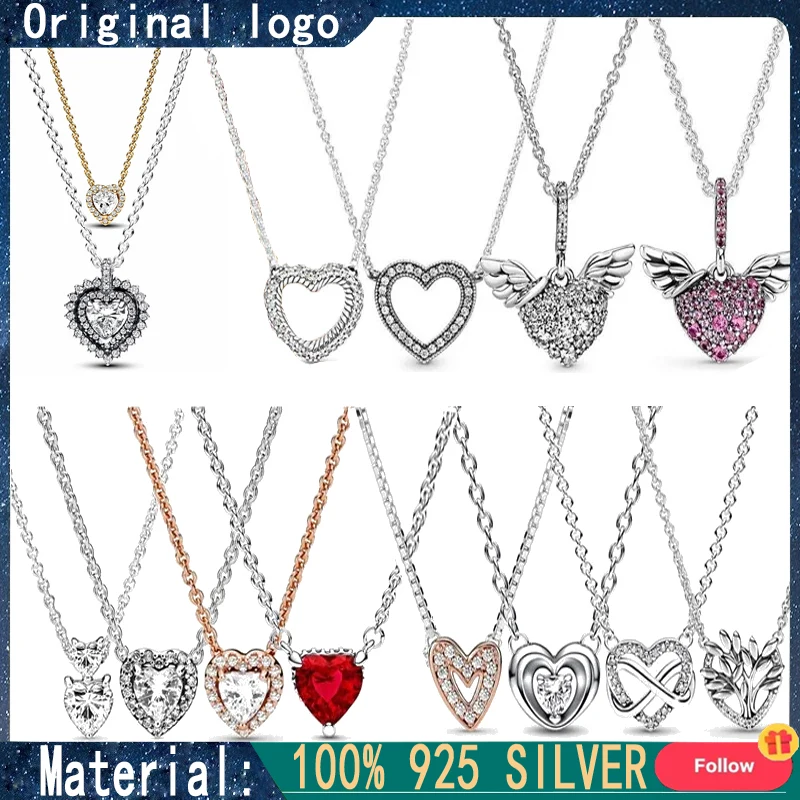 New Classic 100% 925 Silver Women's Sparkling Heart Logo Collar Necklace DIY Charming Jewelry Gifts Fashion Light Luxury