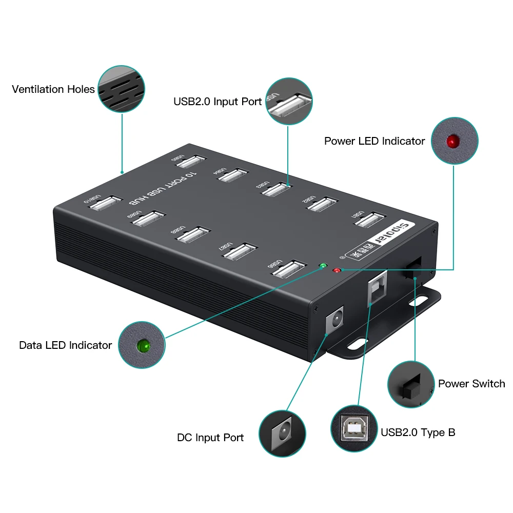 Sipolar A-300 10 Port Industrial Metal usb 2.0 hub for Litecoin mining Bitcoin Miners with power adapter 1 Year Warranty 4
