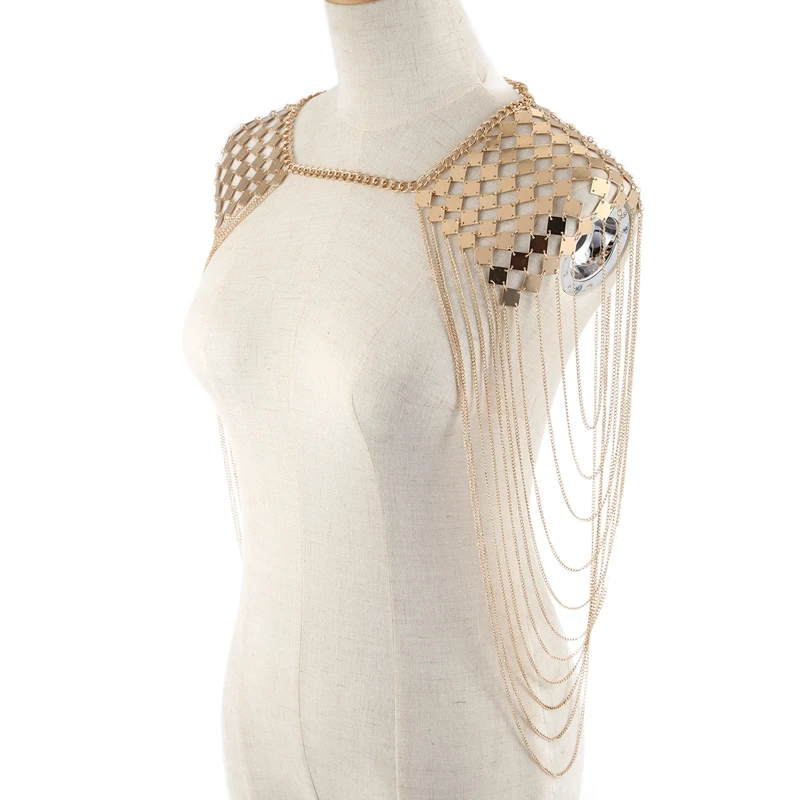 Vintage Punk Harness Bikini Body Link Epaulet Shoulder Chain Necklace Collar Dangling Tassel gold